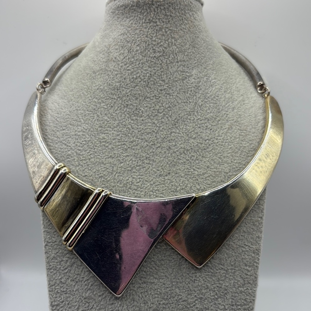 925 Sterling Silver Gold Modernist 80’s Sterling Silver Necklace 15” Choker